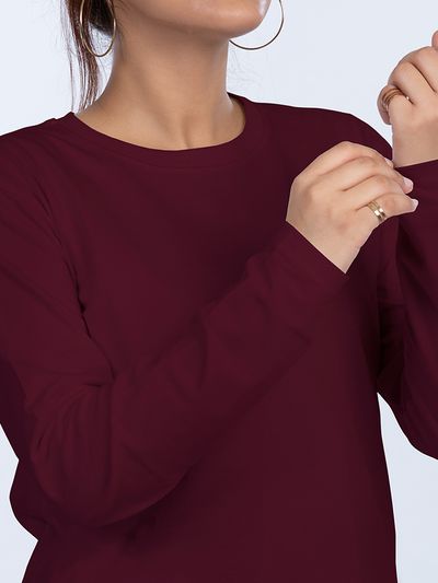 Plain Burgundy Women Full Sleeves T-shirt